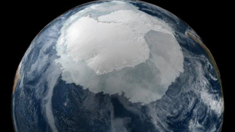 MIT scientists suggest sea ice extent in the Southern Ocean may increase with glacial melting in Antarctica. This image shows a view of the Earth on Sept. 21, 2005 with the full Antarctic region visible.