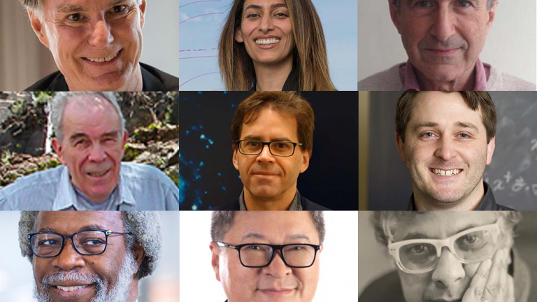Nine Institute community members were selected for American Physical Society spring 2022 prizes and awards. Top row, l-r: Department of Physics faculty members Edmund Bertschinger, Nikta Fakhri, and Robert Jaffe. Middle row, l-r: MIT staff members Gene Dresselhaus, Peter Fritschel and Sean Robinson. Bottom row, l-r: Alumni Sylvester James Gates Jr. ’73, PhD ’77; Terence Tai-Li Hwa PhD ’90; and Sanat Kumar ’84, ScD ’87.