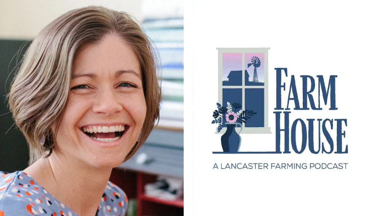 A composite of two side-by-side images. On the left, a woman with a blue shirt smiles. On the right is the logo of the FarmHouse podcast: a flowerpot and a window, through which we can see a small building and windmill.