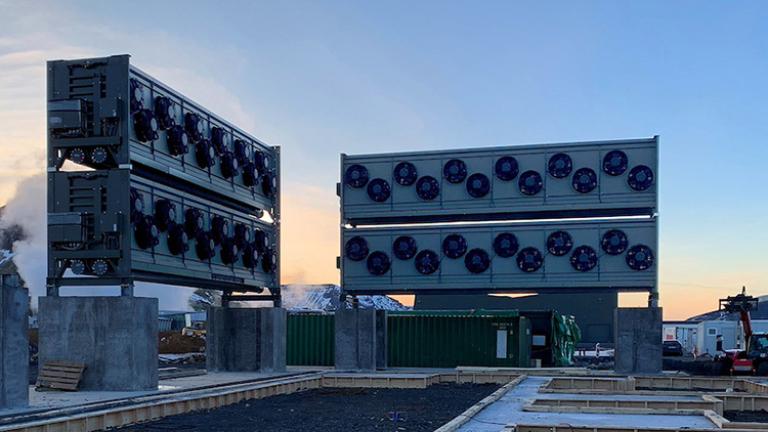 Pictured are two of the four absorber units at Climeworks’ direct air capture and storage plant, Orca, in Hellisheidi, Iceland. Each absorber unit can remove about 1,000 tons of carbon dioxide per year.