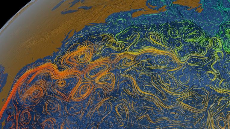 This visualization shows the Gulf Stream's sea surface currents and and temperatures.