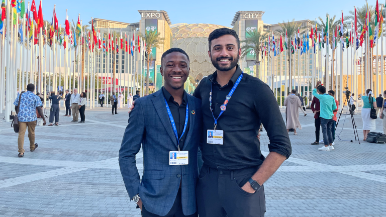 Two of MIT’s student delegates at COP28: Runako Gentles (left), an undergraduate in civil and environmental engineering (CEE), and Shiv Bhakta (right), a graduate student in the Leaders for Global Operations dual degree program within the MIT Sloan School of Management and CEE.