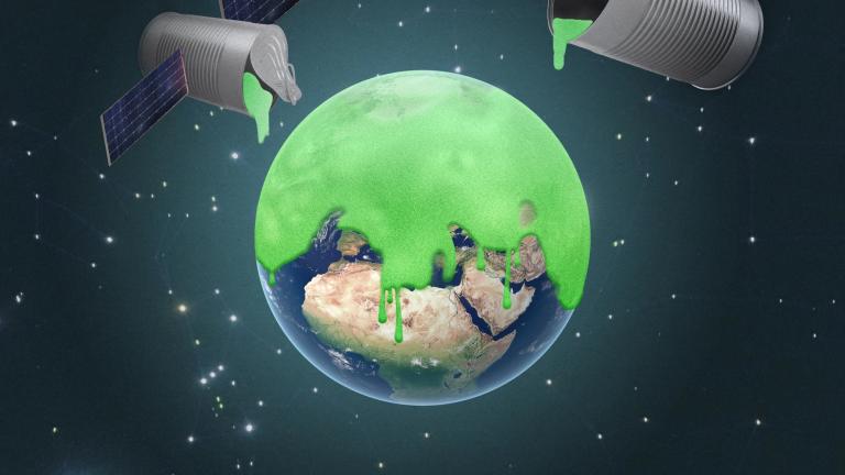 Graphic of green paint being poured on the Earth from satellites