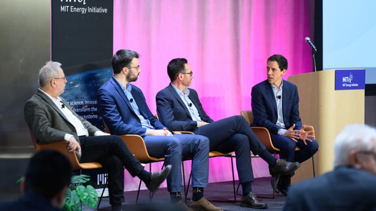 Pablo Duenas-Martinez (right), a research scientist at MITEI, moderates a panel on innovations and approaches to efficient, economic production of firm power at scale with (from left to right) Lev Ring, president and co-founder of Sage Geosystems; Christian Besoiu, team lead for technology development at Eavor; and Joseph Bonafin, director of next-generation geothermal at Turboden.
