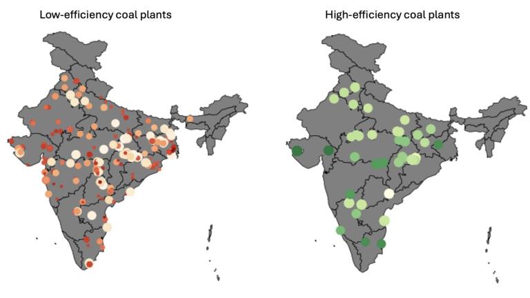 India has pledged to reduce its carbon emissions, a difficult task as the country’s electric power system relies on many coal-burning power plants. While some of the plants are fuel-efficient (right), many more are not (left). MITEI researchers have explored and clarified India’s decarbonization options and have posted their methods and results for use by other countries in the midst of similar energy transitions.