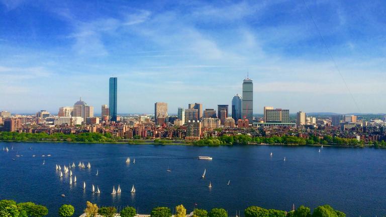 View of the Boston, Massachusetts skyline and the Charles River from the Cambridge side of the Charles.