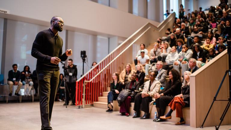 Jaylen Brown speaks on the importance of climate and climate action for Day of Climate at the MIT Museum.