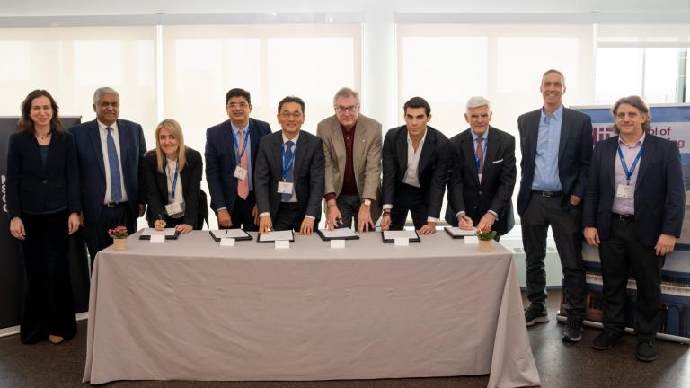 Representatives from across the MIT Maritime Consortium attended a signing ceremony at MIT. Left to right: Fotini Christia (MIT), Anantha Chandrakasan (MIT), Chara Papaefthymiou (Navios), Amulya Mohapatra (Foresight Group Services), Kwangpil Chang (HD KSOE), Chris Wiernicki (ABS), Miltiadis Marinakis (Capital), John Lycouris (Dorian LPG), Daniel Huttenlocher (MIT), and Themis Sapsis (MIT).