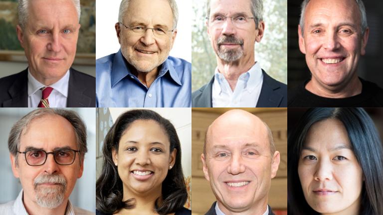 Top row, left to right: Martin Zdenek Bazant, Moshe Ben-Akiva, Charles Cooney, and Yoel Fink. Bottom row, left to right: Tomás Lozano-Pérez, Kristala Prather, Eric Swanson, and Evelyn Wang.
