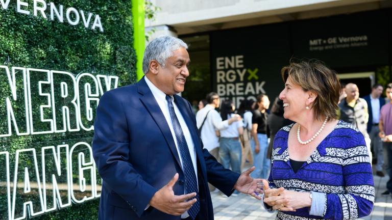 Provost and Chief Innovation and Strategy Officer Anantha Chandrakasan (left) speaks with Massachusetts Secretary of Energy and Environmental Affairs Rebecca Tepper outside Lobby 13.