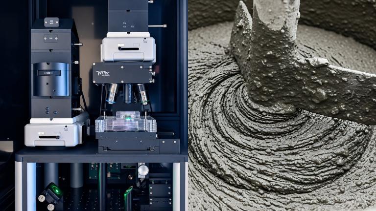 A confocal Raman microscope (left) tracks the chemical evolution of CO₂-injected cement paste samples over 24 hours; the custom stage's quartz window enables the laser to scan from below. Cement paste is the basis for fresh concrete, as pictured at right; CO₂-injected concrete is gaining commercial traction as a material that permanently stores carbon dioxide.