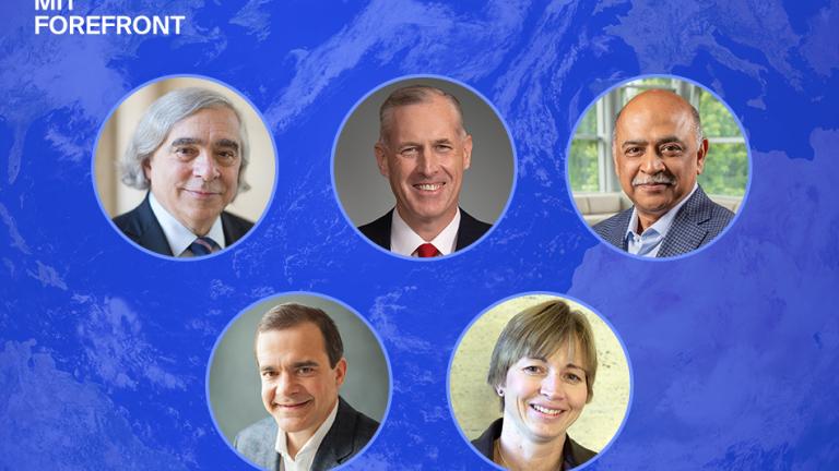 Event speakers included (clockwise from top left) Ernest Moniz, Jim Fitterling, Arvind Krishna, Maria Zuber, and Jeff Wilke.