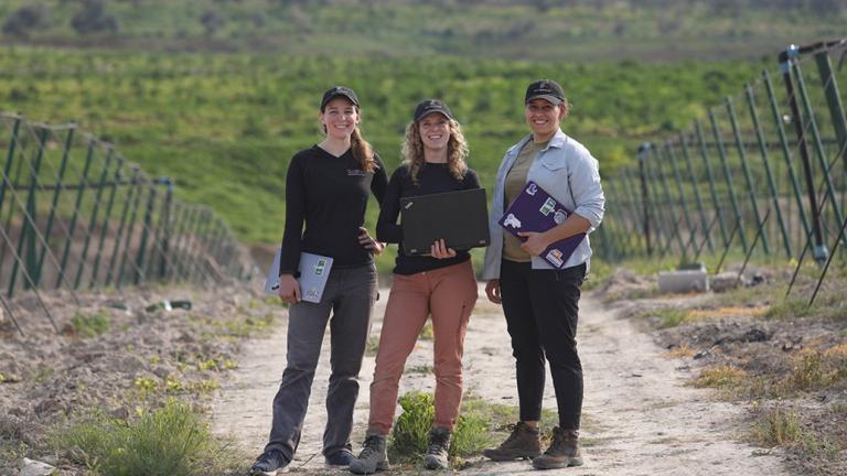 Global Engineering and Research (GEAR) Lab students (from left to right) Georgia Van de Zande, Carolyn Sheline, and Fiona Grant pilot a low-cost precision irrigation controller that optimizes system energy and water use at a full-scale test farm in the Jordan Valley.