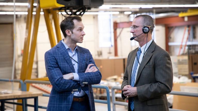 MIT Plasma Science and Fusion Center Interim Director Steve Wukitch (right) showcased research conducted by and technology developed at the center to Representative Jake Auchincloss (D-Mass).