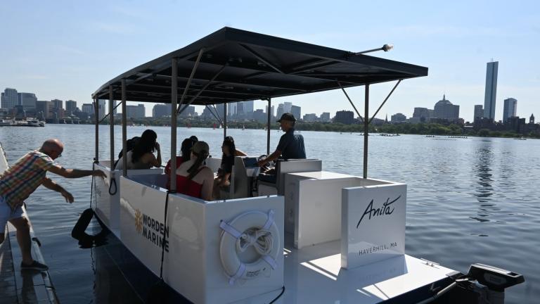 A group of visitors sets off from the dock for a cruise around the Charles River. The Anita weighs about 2,800 pounds and can accommodate six passengers at a time.