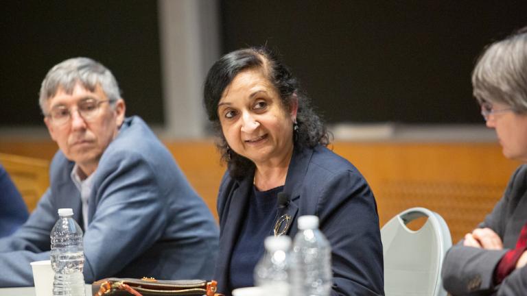 During the MIT Energy Initiative’s panel on energy innovation for a net-zero future, Senior Research Scientist Anuradha Annaswamy (center) and other speakers addressed areas where new or improved technologies or systems are needed to achieve global net-zero emissions goals.