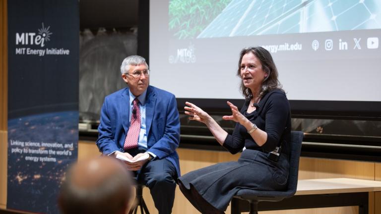 Emily Carter (right), the Gerhard R. Andlinger Professor in Energy and the Environment at Princeton University, explained how climate change mitigation must include transformation, intervention, and adaptation strategies. William Green, director of the MIT Energy Initiative, moderated the discussion.