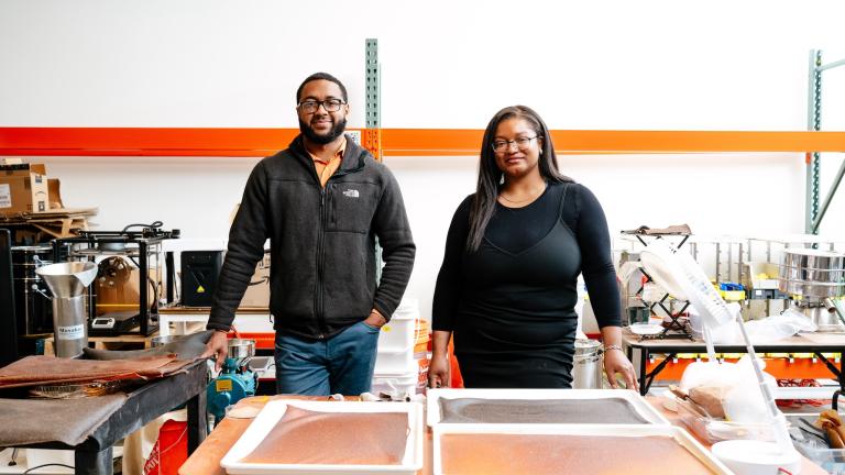 Kameron Dye, Chief Business Officer, and Brittanie Dabney, CEO of Ecosphere Organics, in their workspace at NewLab.