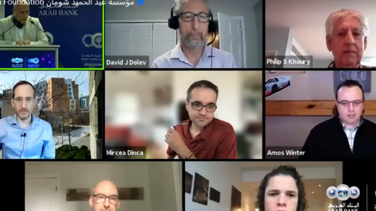 Philip Khoury (top right), faculty director of MISTI's MIT-Arab World program and Ford International Professor of History and associate provost at MIT, discusses winning MIT-Jordan Abdul Hameed Shoman Foundation Seed Fund projects.