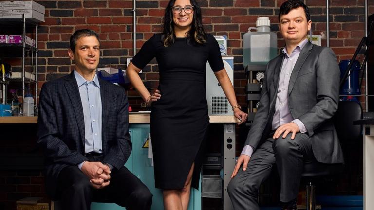 Co-founded by Professor Jeff Grossman (left), Shreya Dave ’09, SM ’12, PhD ’16 (center), and Brent Keller PhD ’16, Via Separations has developed a technology that can eliminate 90 percent of the energy used in thermal separations.