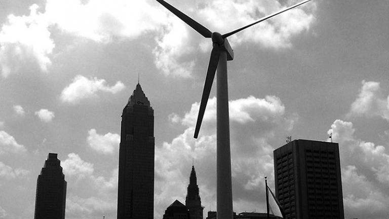 A wind turbine on the coast of Lake Erie in Cleveland, Ohio