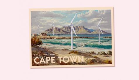 Greetings from Cape Town Postcard with offshore wind turbines