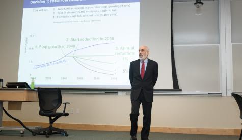MIT Sloan Professor John Sterman making a presentation related to the climate policy simulators.