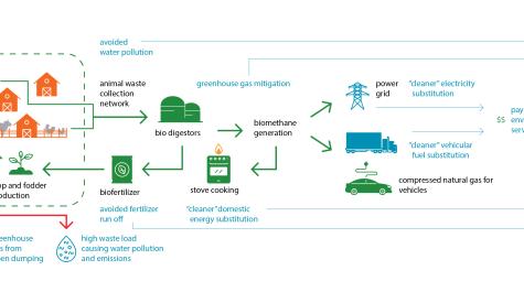 An illustrated flow chart showing the process of how animal waste is taken from the farm and transformed into energy sources. 