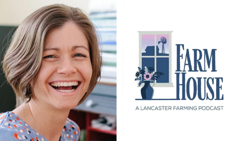 A composite of two side-by-side images. On the left, a woman with a blue shirt smiles. On the right is the logo of the FarmHouse podcast: a flowerpot and a window, through which we can see a small building and windmill.
