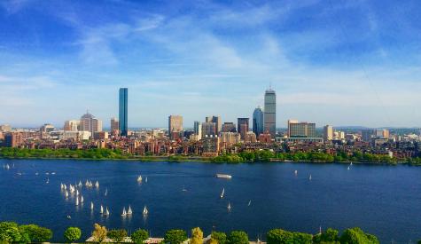 View of the Boston, Massachusetts skyline and the Charles River from the Cambridge side of the Charles.