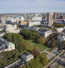 An aerial view of the MIT campus, which includes the Green Building