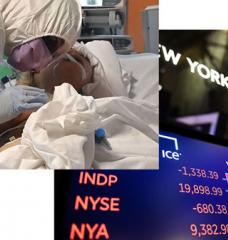 A medical worker in protective gear tends to a patient in Italy (left image) and a screen with graph of the Dow industrial average after closing bell on March 18.