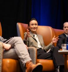 During a panel at the 2025 MIT Energy Conference, Lucia Tian (center), head of clean energy and decarbonization technologies at Google, discusses the challenges and opportunities that AI and rapid electrification bring to electricity demand.