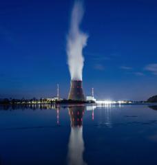 A nuclear power plant at night