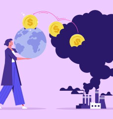 An illustration of a person holding a globe. Coins are being sucked out of the globe and into a cloud of smoke pouring out of a factory, presenting environmental cost. 