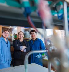 Professor Ariel Furst (center), undergraduate Rachel Ahlmark (left), postdoc Gang Fan (right), and their colleagues are employing biological materials, including DNA, to achieve the conversion of carbon dioxide to valuable products.