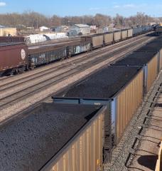 A loaded coal train rolls through Gillette on March 4, 2020. Coal production in the region has declined by half since 2008.