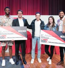 The founders of Active Surfaces, including (second from left) Richard Swartout and (far right) Shiv Bhakta, celebrate winning this year’s MIT $100K Entrepreneurship Competition (and the audience choice award) with summer interns from MIT’s Sloan School of Management, who include (far left) Khalid McCaskill, (center) Thomas Luly, and second from right Jeanne Pidoux.