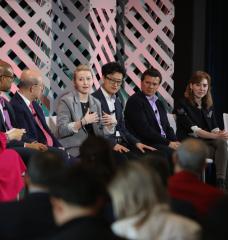 At a symposium exploring the theme “Where Big Ideas Come From — and Why They Matter,” MIT faculty presented their research and shared their perspectives on how MIT can cultivate ideas and innovations to meet the major challenges of the world today. Left to right: Linda Henry (moderator), Cullen Buie, Andrew Lo, Anne White, Jinhua Zhao, Pablo Jarilllo-Herrero, Dina Katabi, Sangeeta Bhatia