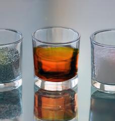 The three primary constituents of the battery are: left, aluminum; center, sulfur; and right, rock salt crystals. All are domestically available Earth-abundant materials not requiring a global supply chain.