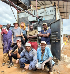 A team from MIT D-Lab and Kenyan community partner Solar Freeze celebrate the completion of the first solar-powered iteration of the forced-air evaporative cooling chamber. Using one-quarter of the energy of refrigerated cold rooms and at half the cost to build, the cooling chamber helps smallholder farmers in arid regions preserve and store freshly harvested produce.