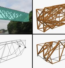 On top left is the Lockport truss bridge passing over the Erie Canal near Buffalo, New York. Researchers mimicked this structure, highlighted in teal blue, and created multiple timber-only designs (top left), steel-only designs (bottom left), and timber-steel designs.