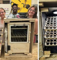 Students in the D-Lab course 2.651 / EC.711 designed an egg incubator system for rural poultry farmers in Cameroon. From left to right: Lilly Heilshorn, Maeve McGinnis, Jamel Merritt, and Gracie Goll.