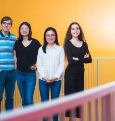 Left to right: Harry Heiberger, Tongtong Liu, Linh Nguyen, and Helena Merker. When Merker, Heiberger, and Nguyen joined the project as first-year students in fall 2020, they were given a sizable challenge: to design a neural network that can predict the magnetic structure of crystalline materials.