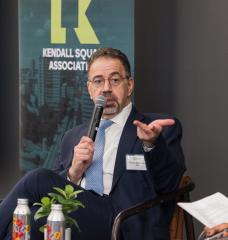 Daron Acemoglu speaks on stage with Aisha Losche. “I believe liberal democratic institutions, together with the norms that support them, are one of the greatest human achievements,” he said.