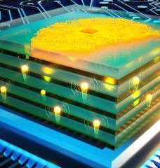 This illustration shows an analog deep learning processor powered by ultra-fast protonics.