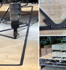 On left, the MIT HAUS large format 3D printer system deposits the first layer of a polymer composite 3D printed floor truss. A closeup of a notched joint is seen on right, and the assembled floor system undergoing a bending test with a ~2,000lb concrete block load in the center. 