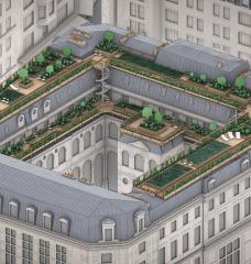 Roofscapes, a startup founded by three MIT students, is planning to build greenspaces on pitched roofs in Paris to decrease temperatures, improve quality of life, and boost climate resilience. Pictured is a rendering of an ongoing pilot project over a former district hall.