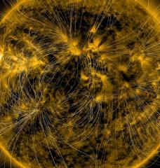 Surprise findings suggest sunspots and solar flares could be generated by a magnetic field within the Sun’s outermost layers. If confirmed, the findings could help scientists better predict space weather. This illustration lays a depiction of the sun's magnetic fields over an image captured by NASA’s Solar Dynamics Observatory on March 12, 2016. 