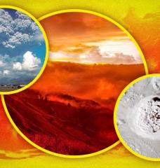 Researchers detected statistically significant changes in global atmospheric temperatures in response to three major natural events: the eruption of Mount Pinatubo in 1991 (inset on left), the Australian wildfires in 2019-2020 (center), and the eruption of the underwater volcano Hunga Tonga in the South Pacific in 2022 (bottom right). 